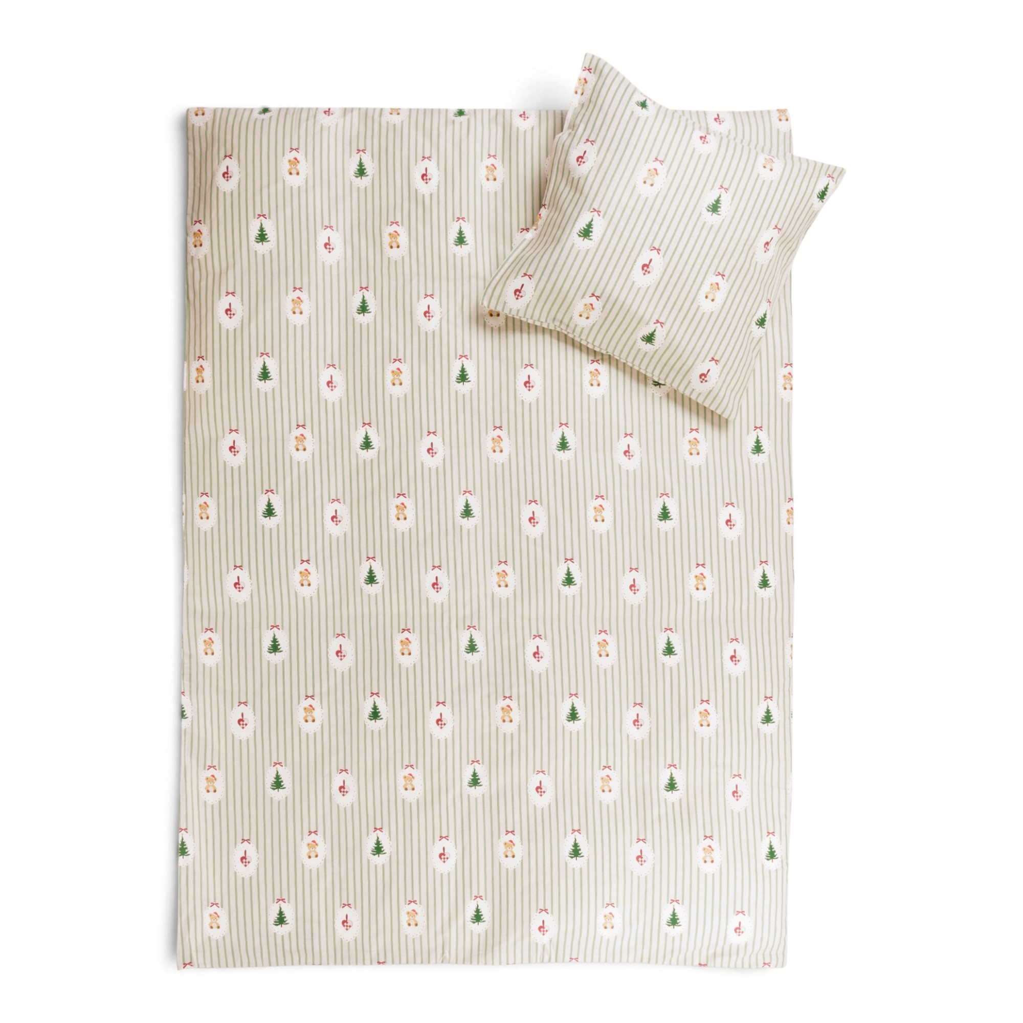 Kerstbeddengoed - 100% katoen - Juniorbeddengoed 100x140 cm - Groen gestreept met kersticonen