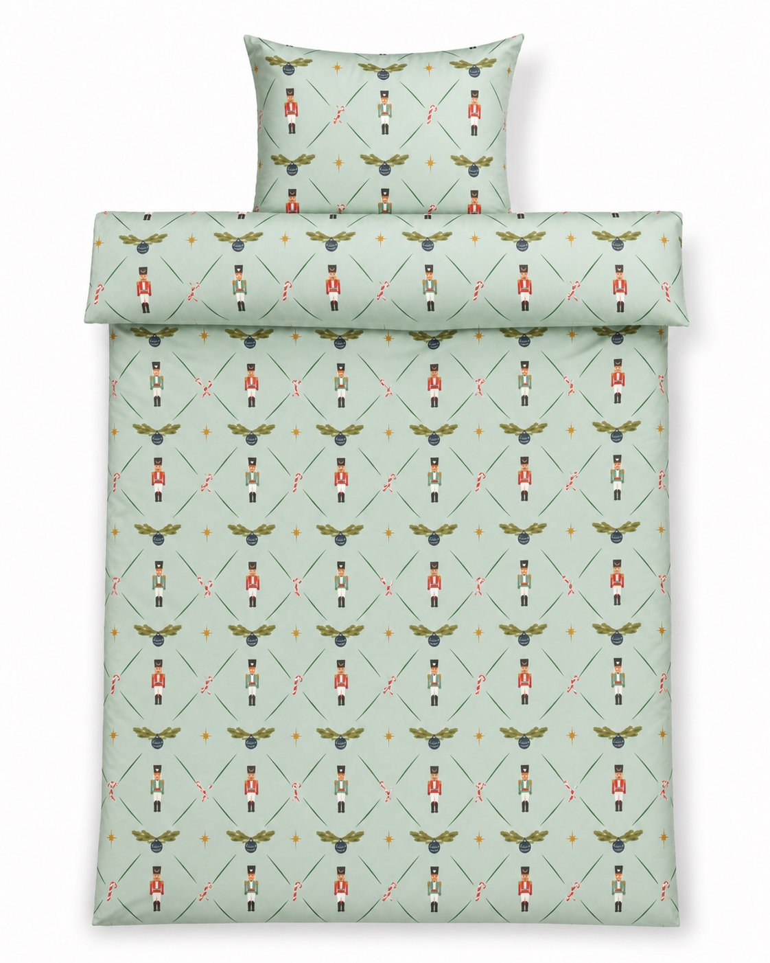 Kerstbeddengoed 140x200 cm - 100% katoen - Vergrijsd groen met notenkraker