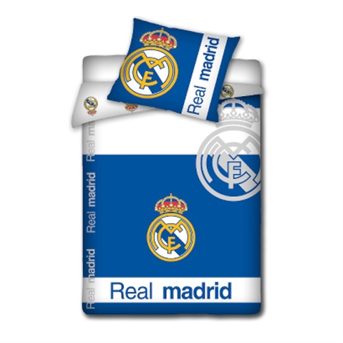 Real Madrid beddengoed - Omkeerbaar dekbedovertrek met logo en tekst - 140x200 cm - 100% katoenen bedlinnen - Voetbal beddengoed