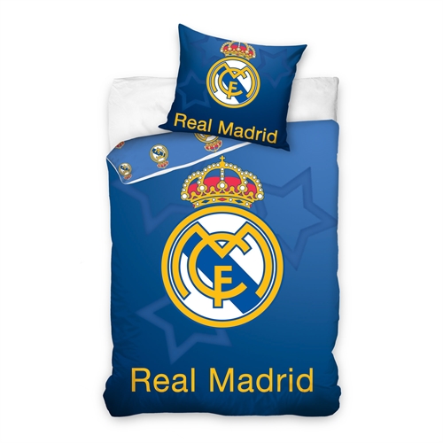 Real Madrid beddengoed - Blauw omkeerbaar dekbedovertrek met logo en sterren - 140x200 cm - 100% katoenen beddengoed - Voetbal beddengoed