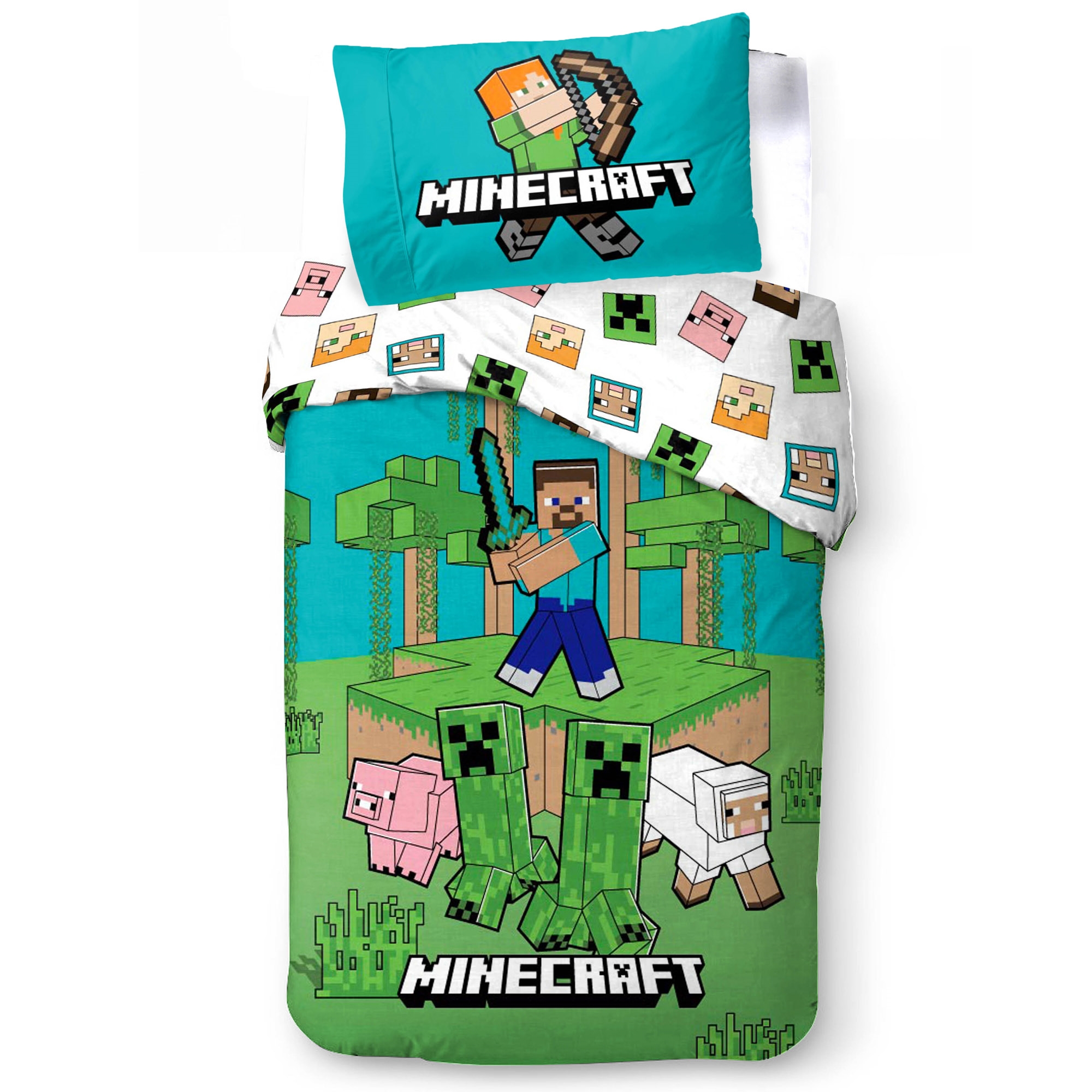 Minecraft beddengoed - 100% katoen - Kinderbeddengoed 140x200 cm - Steve, Zombie, Creeper en Pigs, Sheep
