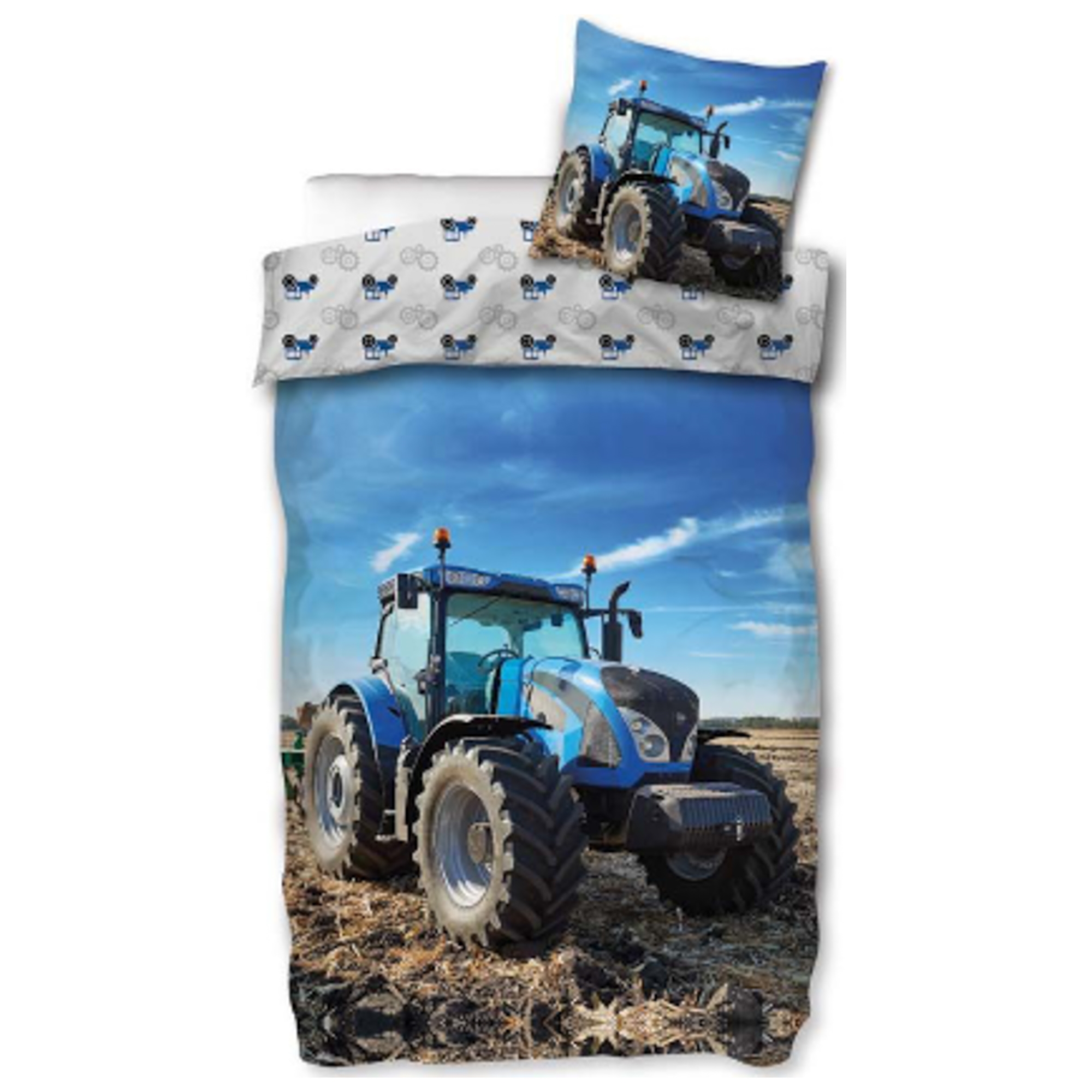 Tractor-beddengoed - 100% katoen - Kinderbeddengoed 140x200 cm - Blauwe tractor - Tractor op de achterzijde