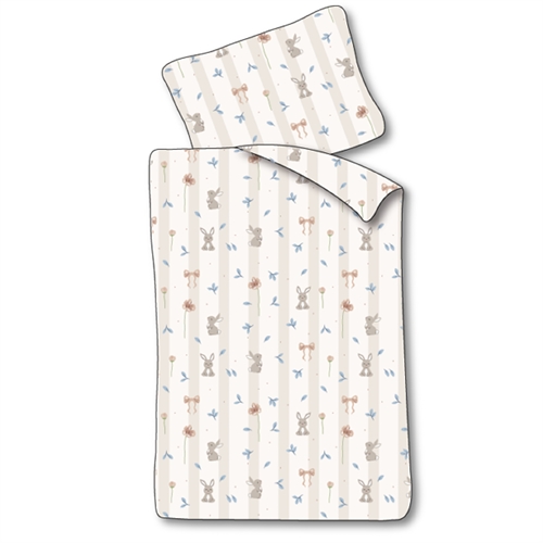 Baby beddengoed 70x100 cm - Wit gestreept dekbedovertrek met konijnen en bloemen - 100% zacht katoenen beddengoed