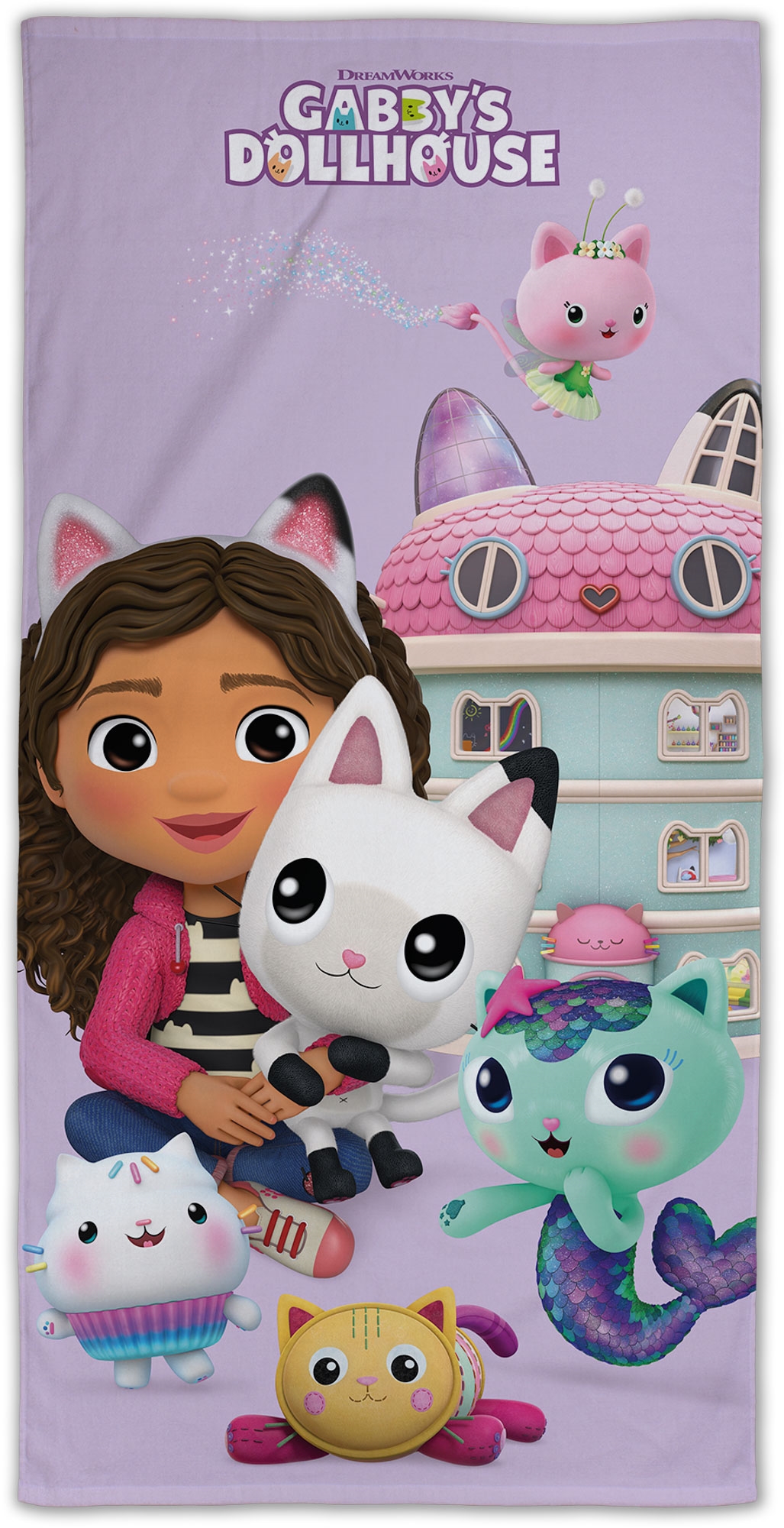 Gabby's Dollhouse handdoek - 70x140 cm - 100% katoen - Zachte badhanddoek met Gabby, Pandy Paws, Catfish, Cakey Cat, Pillow Cat