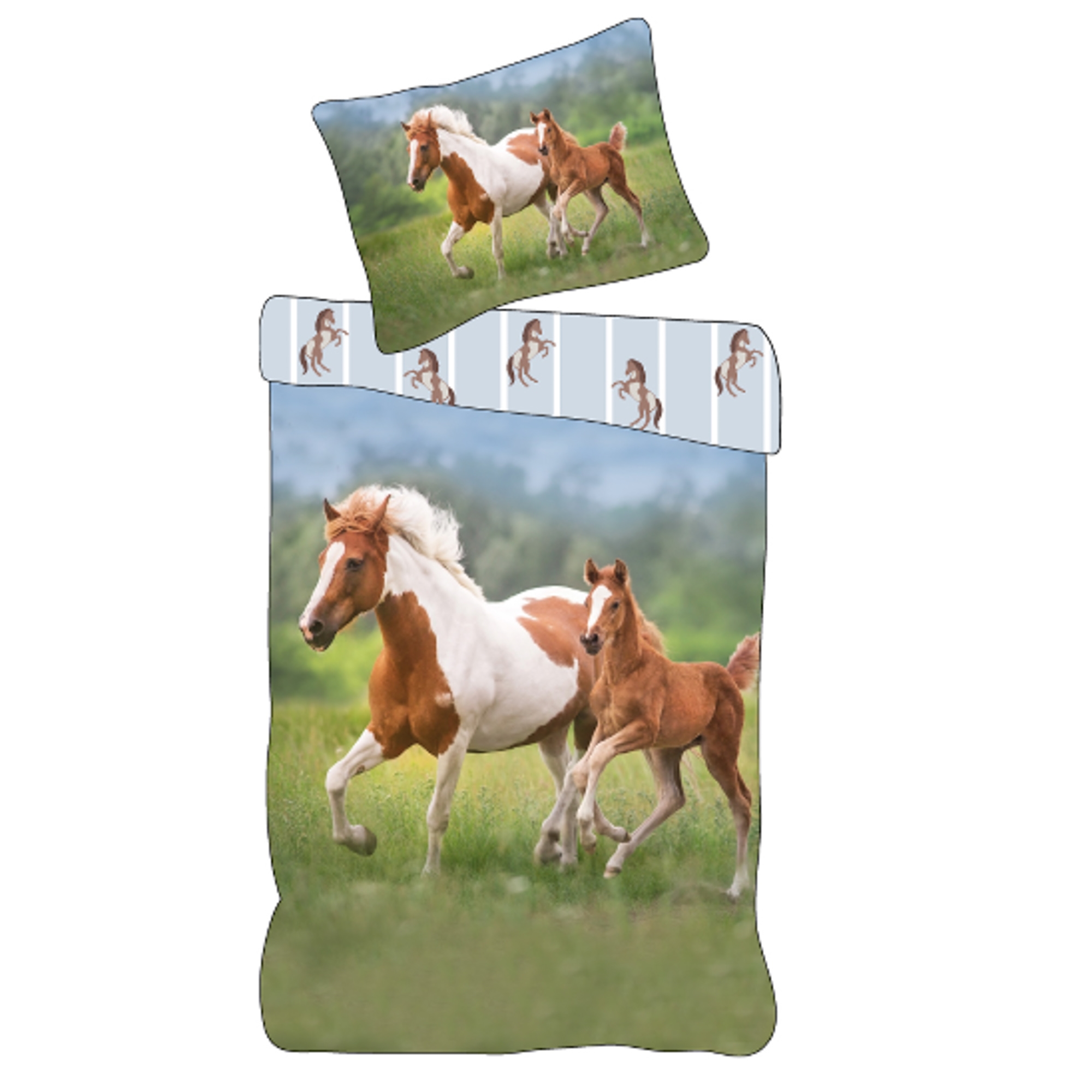 Paardenbeddengoed - 100% katoen - Kinderbeddengoed 140x200 cm - Paard en veulen - Gestreepte achterkant