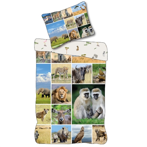Kinder beddengoed 140x200 cm - Omkeerbaar dekbedovertrek met safari dieren - 100% zacht katoenen beddengoed