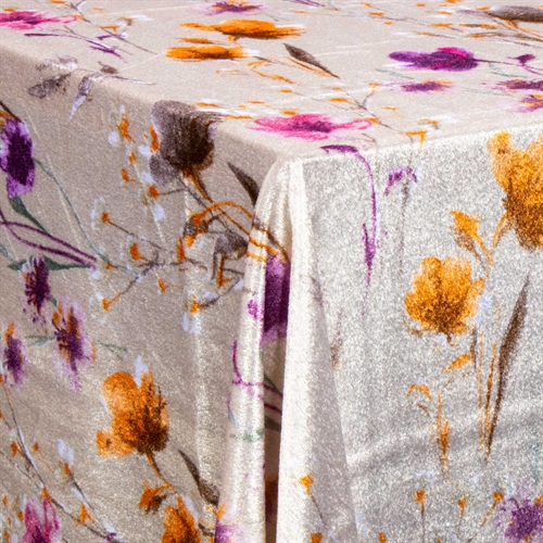 Velours tafelkleed - Zandkleurig met bloemen - 3 meter - Nervieuze velours - Verpakking van 3 meter