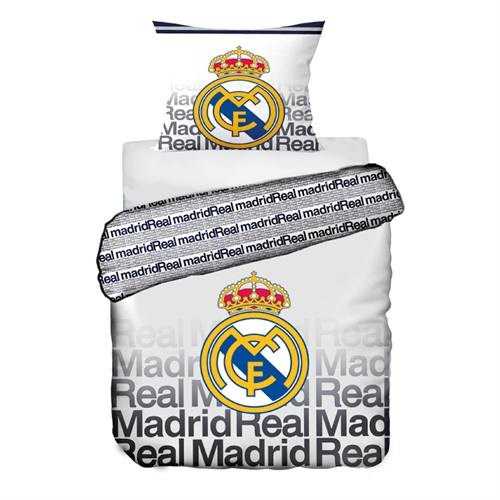 Real Madrid beddengoed - Wit omkeerbaar dekbedovertrek met logo en tekst - 140x200 cm - 100% katoenen beddengoed - Voetbal beddengoed
