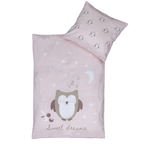 Uil beddengoed 70x100 cm - Lichtroze baby beddengoedset met slapende uil - Keerbaar motief - 100% katoenen beddengoed - Nordstrand Home