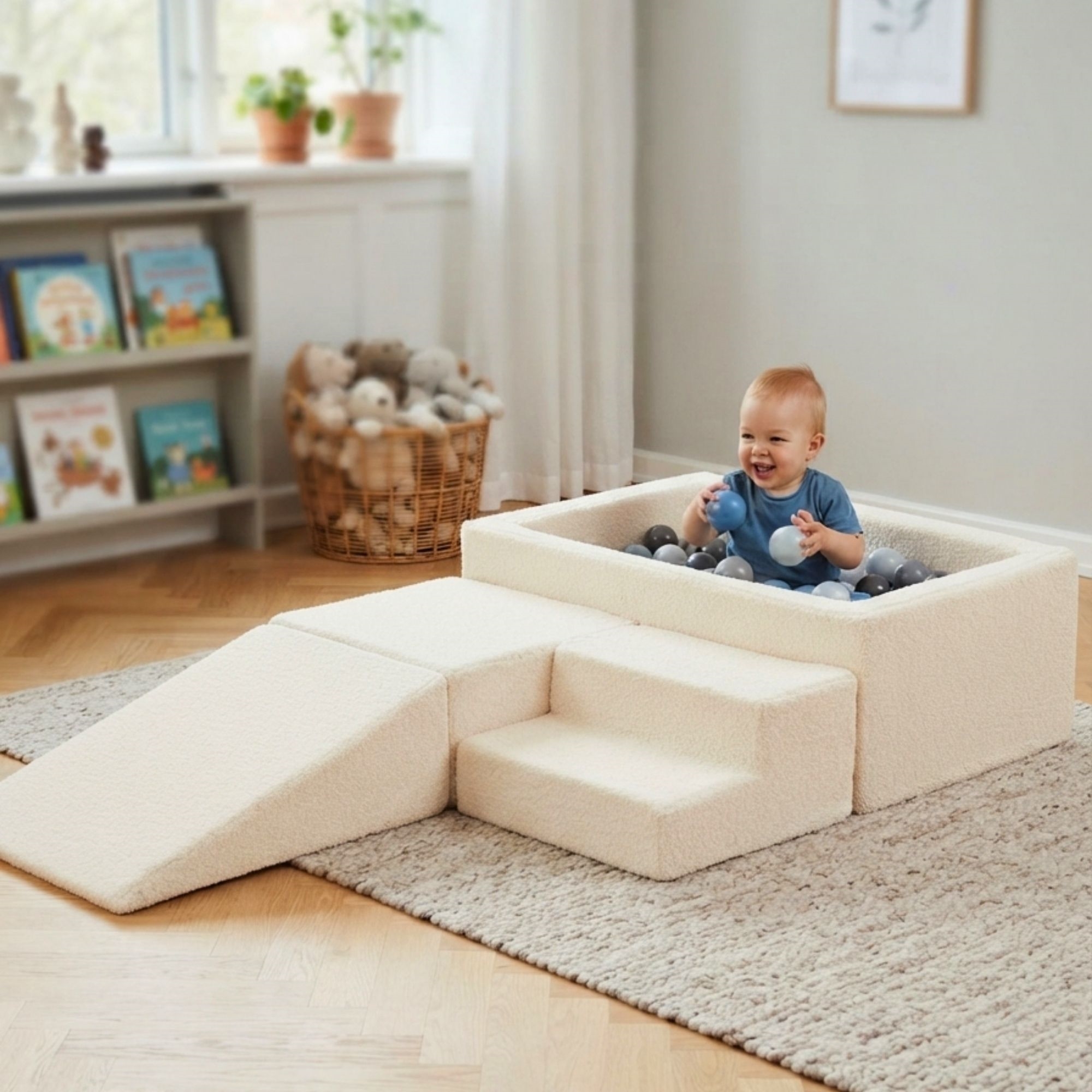Schuim speelmeubels met glijbaan en ballenbak - 4-in-1 schuimset - Wit pluche