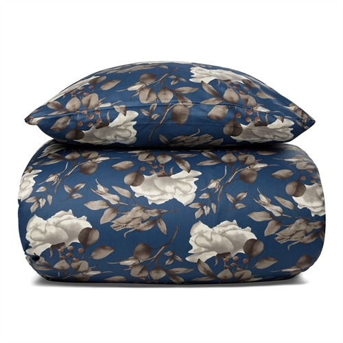 Bloemen beddengoed 140x220 cm - 100% Zacht katoen satijn - Blossom blue - By Night beddengoedset