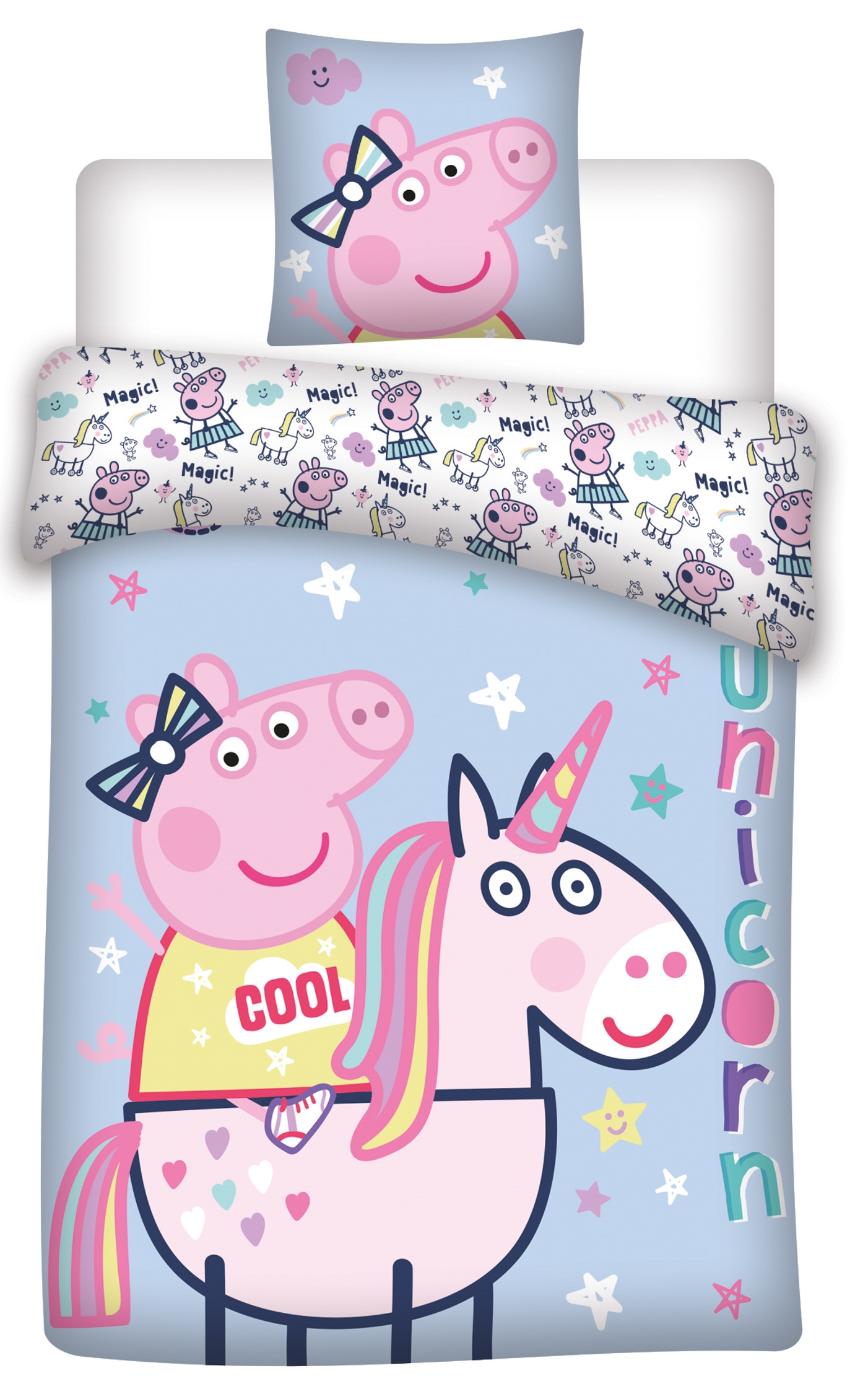 Peppa Pig beddengoed - 150x210 cm - Peppa Pig en eenhoorn - Beddengoedset met 2 in 1 ontwerp - 100% katoen