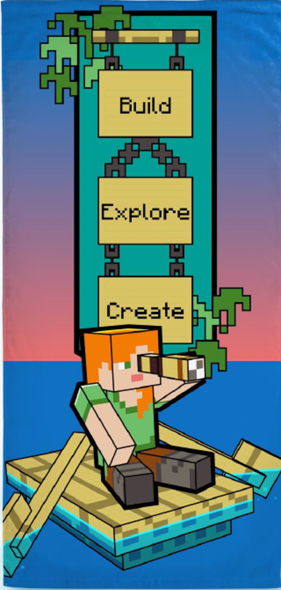 Minecraft handdoek - 70x140 cm - Build Explore Create - 100% katoen - Zachte badhanddoek met Alex
