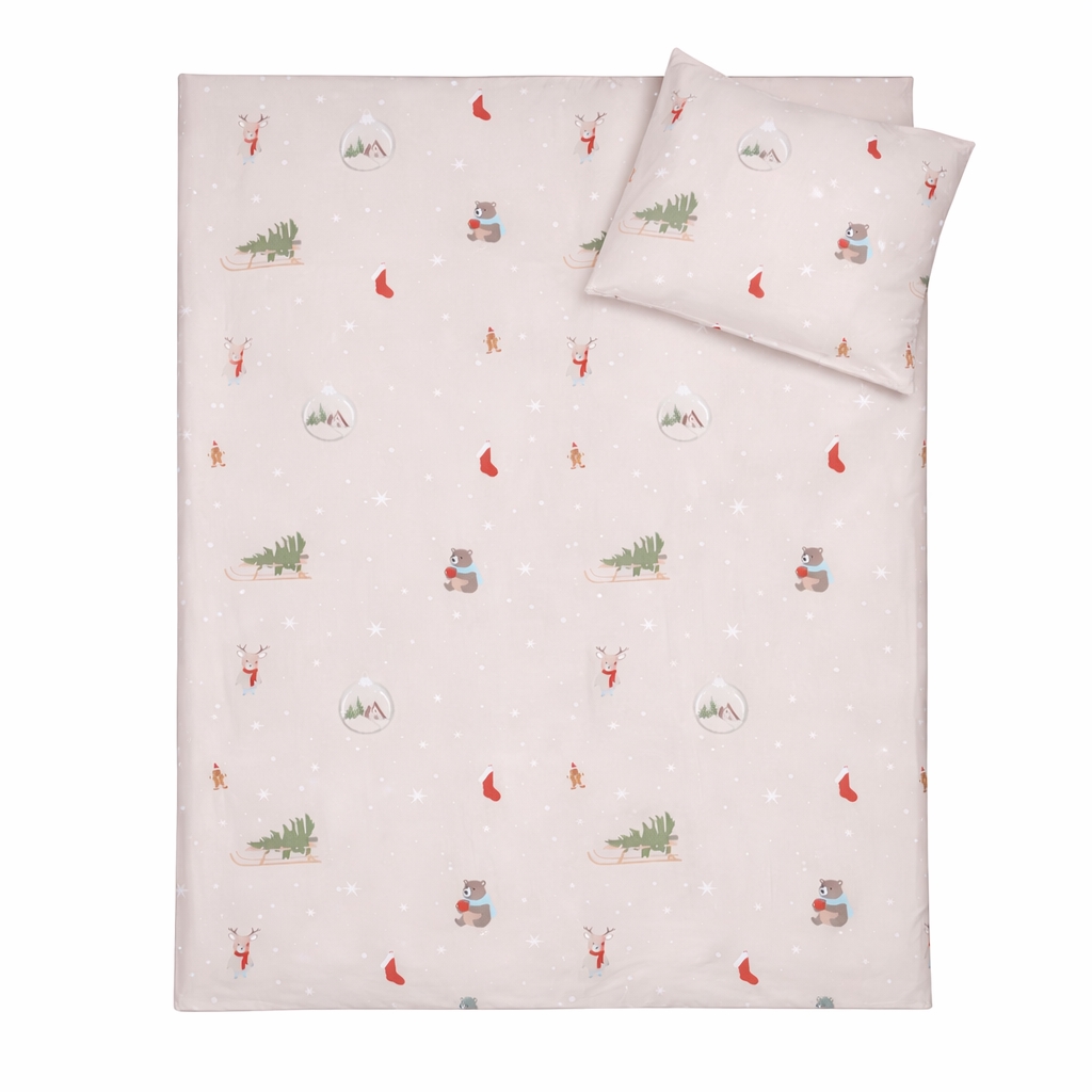 Kerstbeddengoed - 100% katoen - Junior dekbedovertrek 100x140 cm - Beige met kersticonen