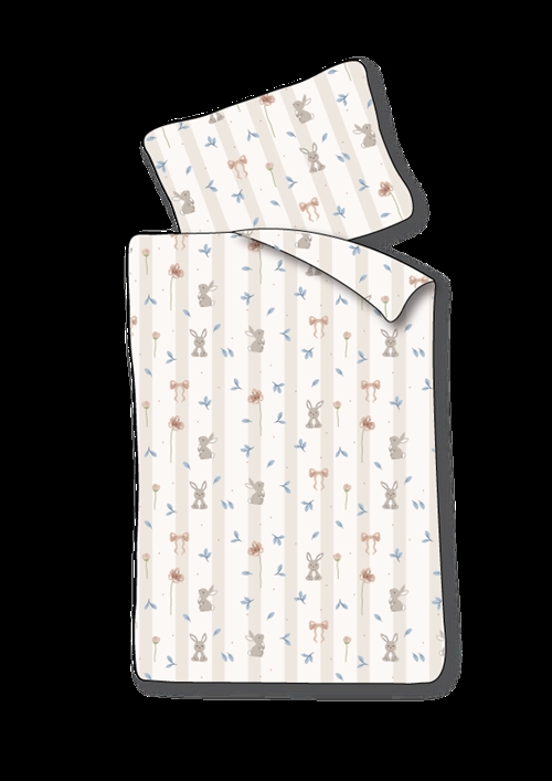 Baby beddengoed 70x100 cm - Wit gestreept dekbedovertrek met konijnen en bloemen - 100% zacht katoenen beddengoed