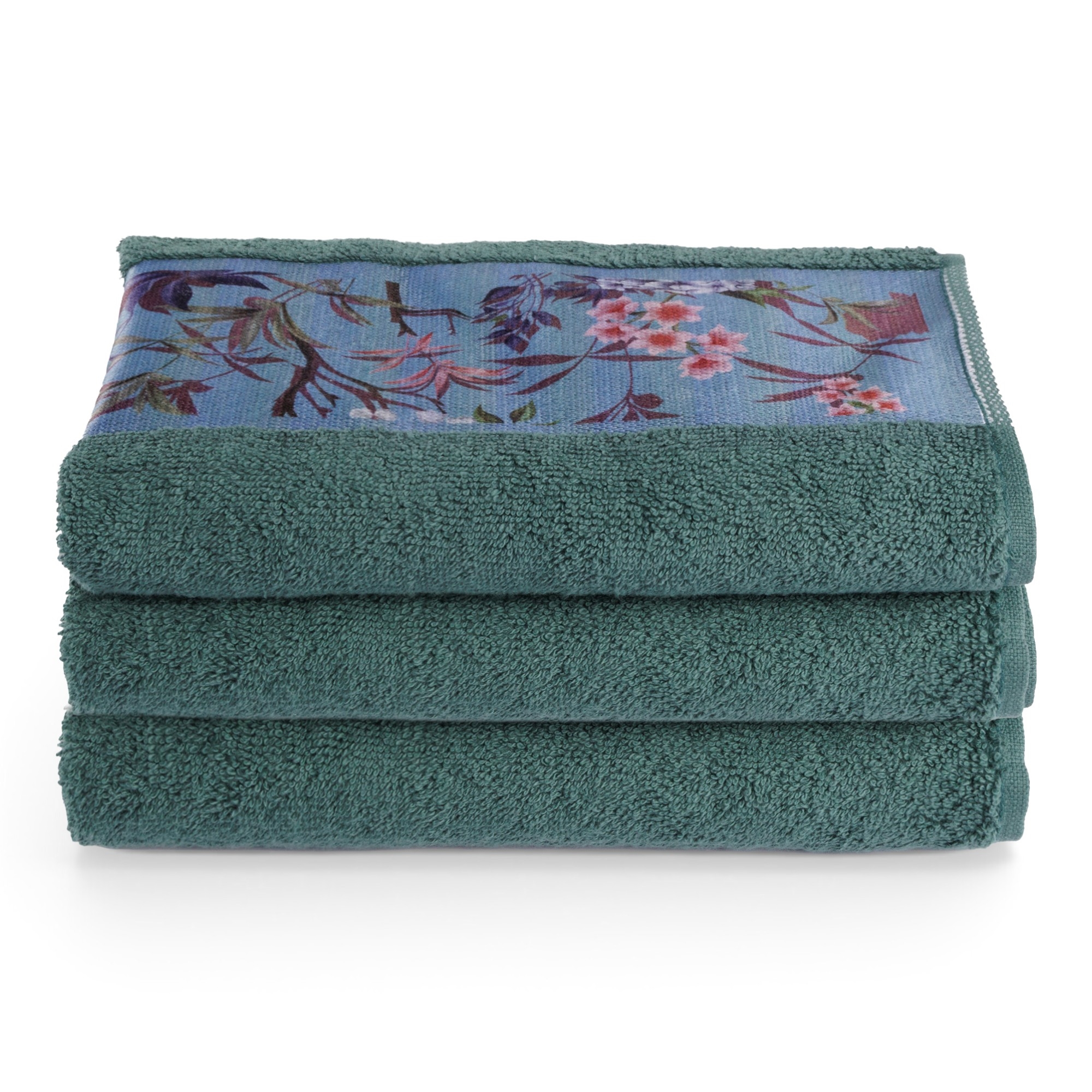 Katoenen handdoek - 100% katoen - Handdoek 50x100 cm - Groen met bloemenbort