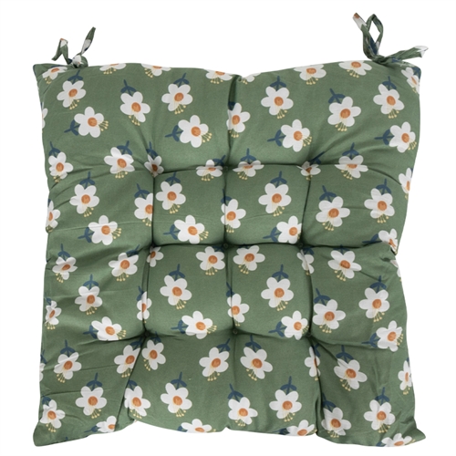 Stoelkussen - 35x35x6 cm - Groen tuinkussen met bloemen