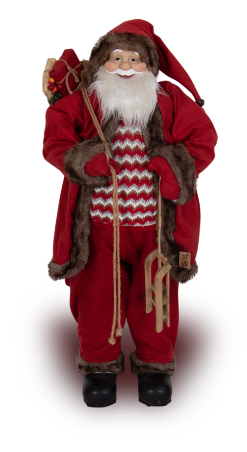 Grote kerstman - 120 cm hoog - Met een fijne houten slee in de handen - Exclusieve kerstman met fijne details
