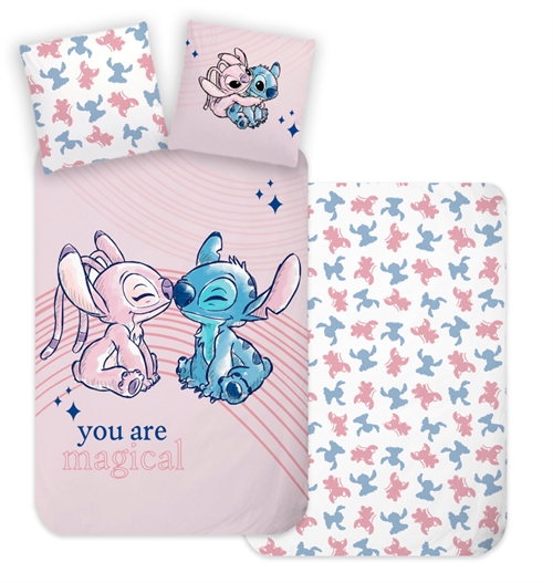 Roze junior beddengoed 100x140 cm - Omkeerbaar dekbedovertrek met Stitch en Angel - 100% katoenen bedlinnen
