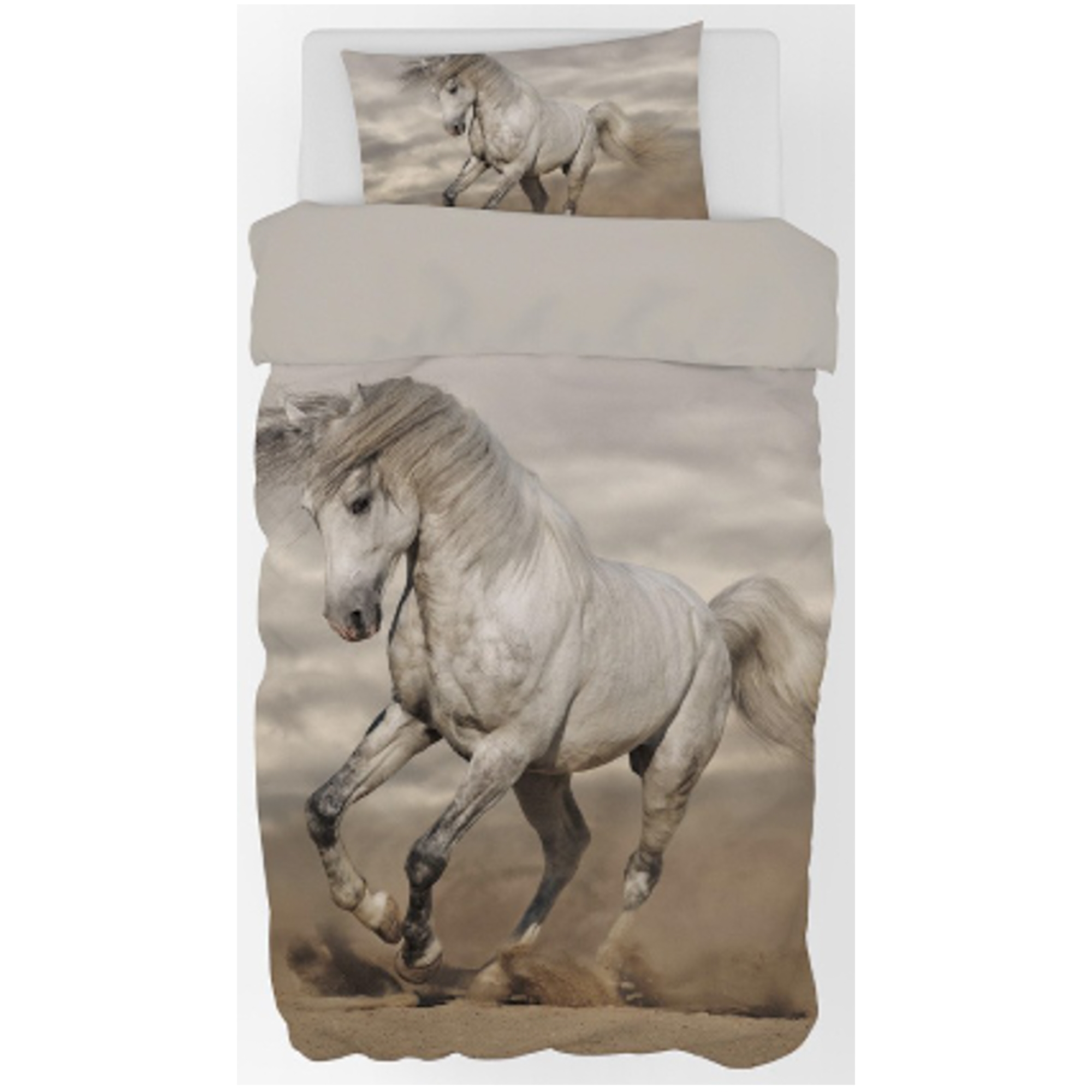 Beddengoed 150x210 cm - Groot wit paard - 2 in 1 ontwerp - 100% katoen