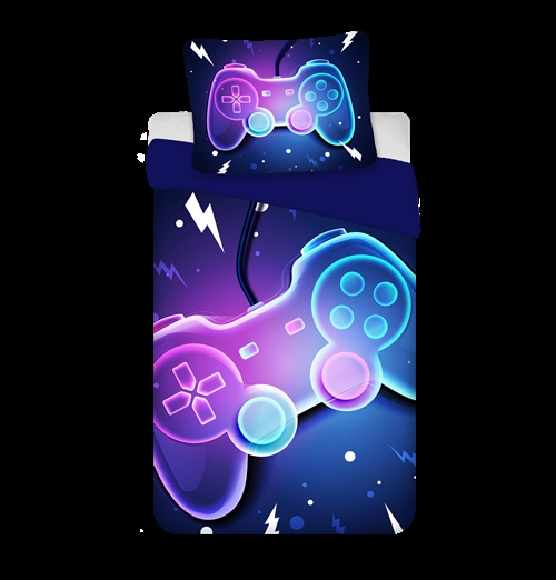 Gamer beddengoed 140x200 cm - Blauw omkeerbaar dekbedovertrek met controller - 100% zacht katoenen bedlinnen