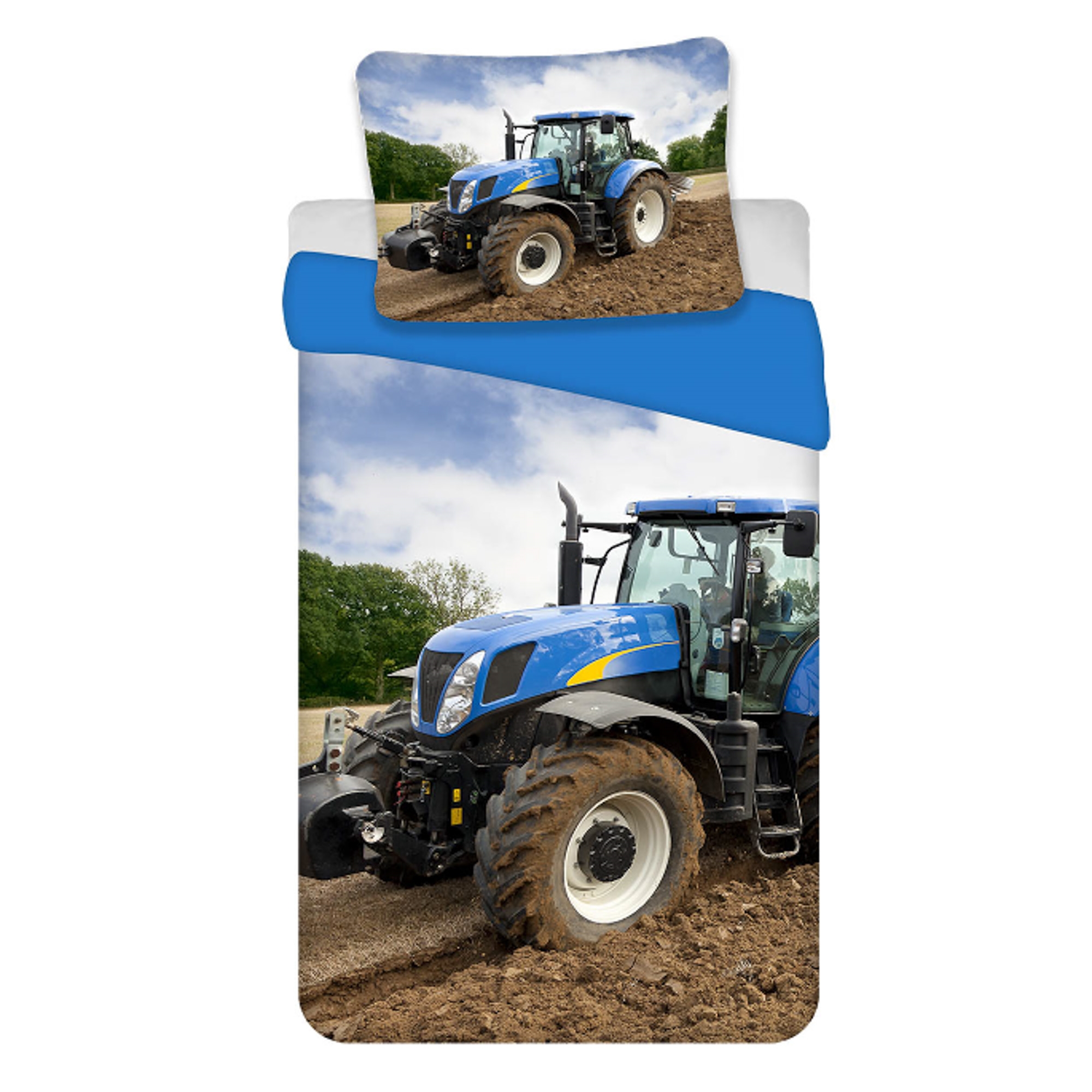 Tractor-beddengoed - 100% katoen - Kinderbeddengoed 140x200 cm - Blauwe tractor - effen achterkant
