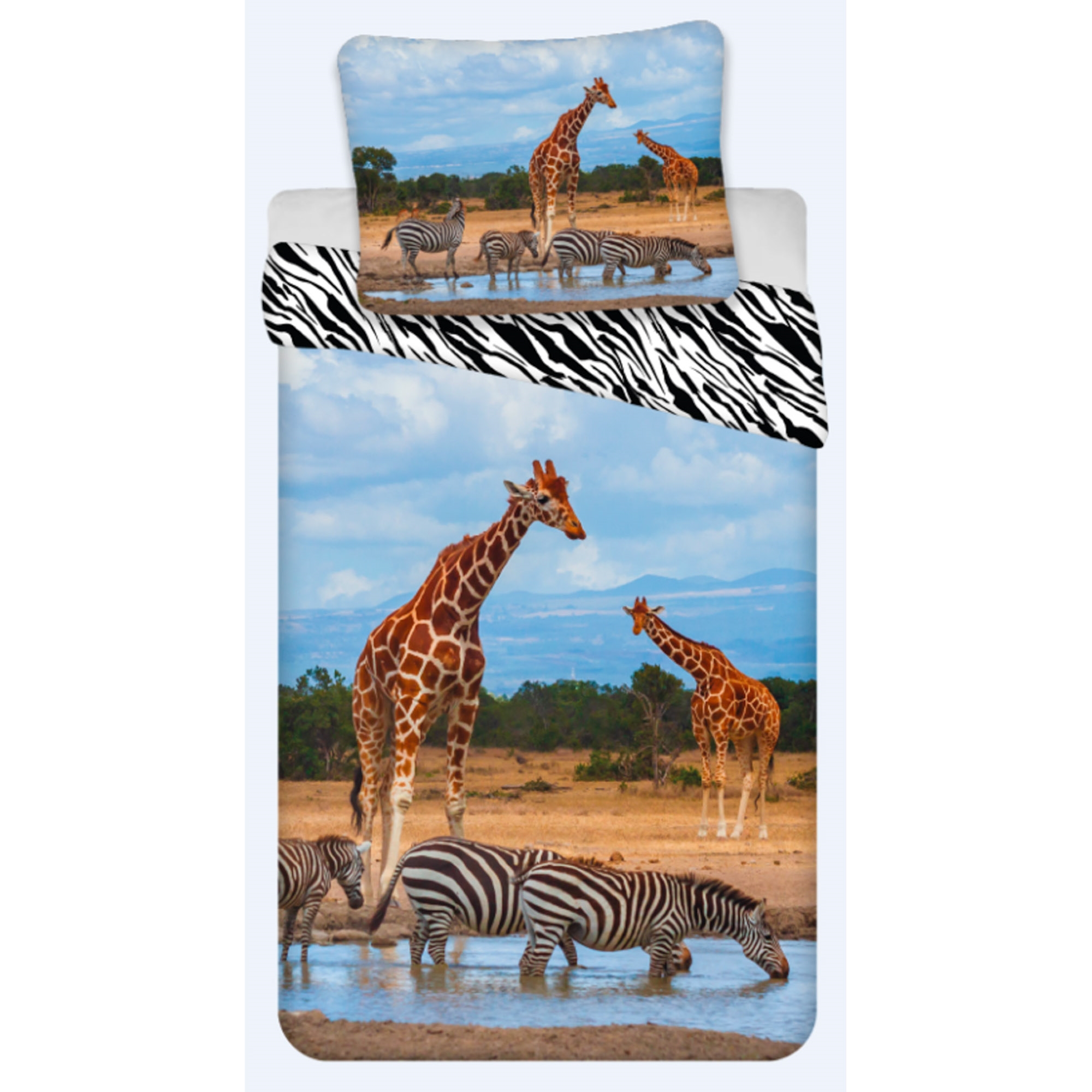 Beddengoed met dieren - 100% katoen - Kinderbeddengoed 140x200 cm - Giraffen en zebra's op de savanne