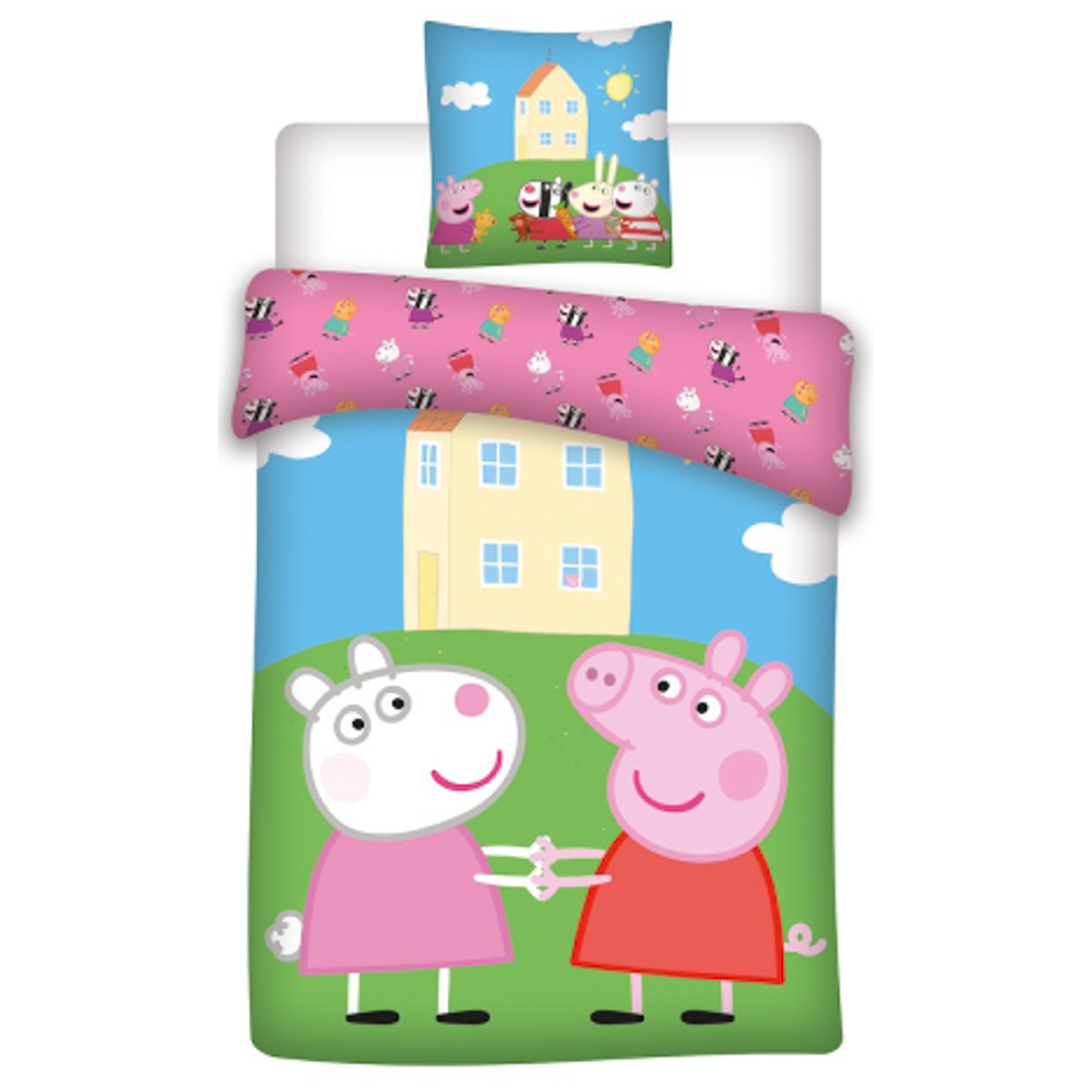 Peppa Big beddengoed - 100% katoen - Kinderbeddengoed 140x200 cm - Peppa Big en Frida Schaap voor het huis
