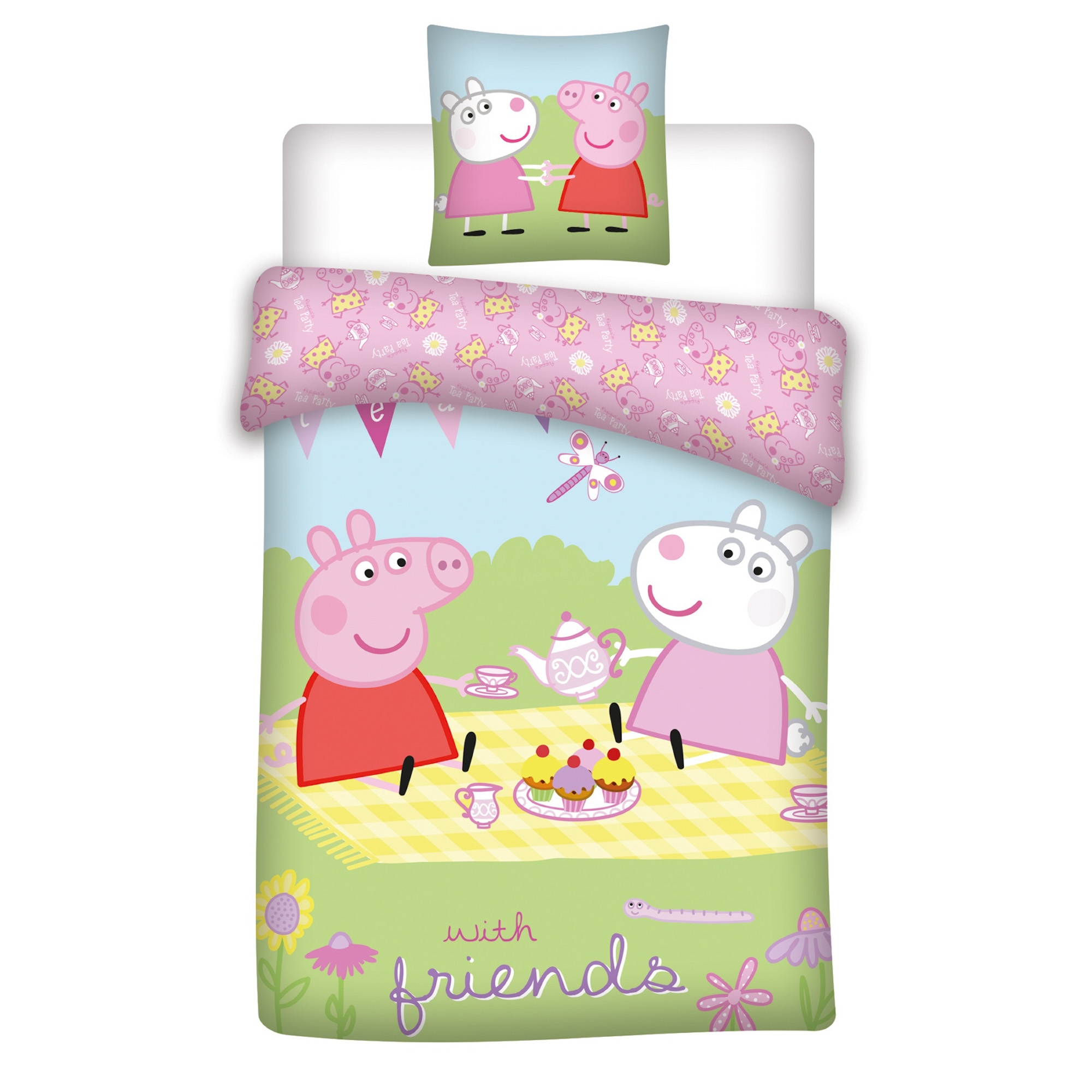 Peppa Big beddengoed - 100% katoen - Kinderbeddengoed 140x200 cm - Peppa Big en Frida Schaap op een picknick