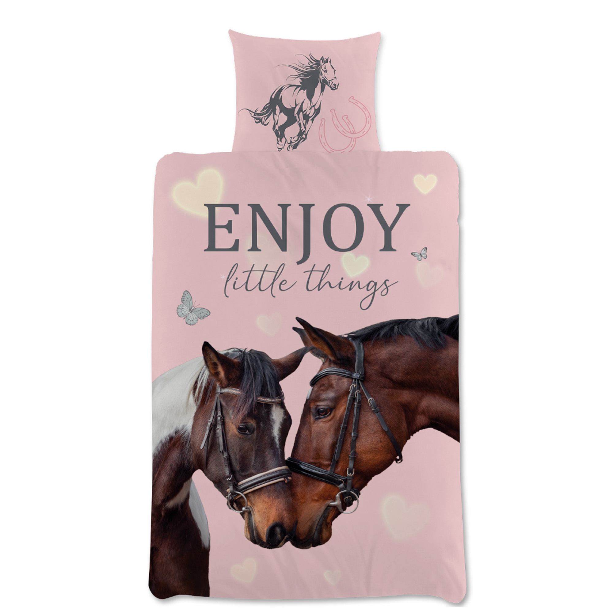Paarden beddengoed - 100% katoen - Kinderbeddengoed 140x200 cm - Roze met twee paarden