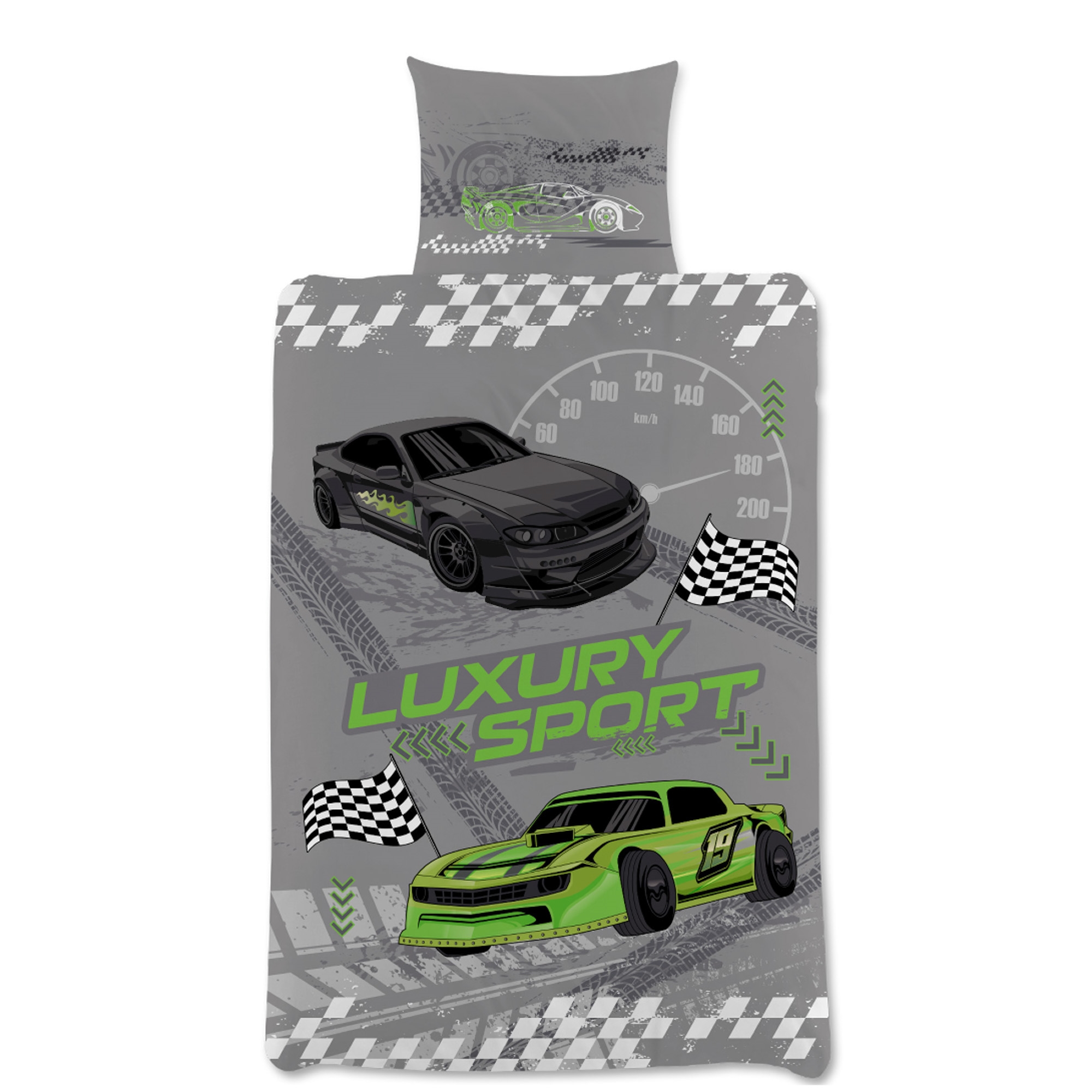 Beddengoed met raceauto's - 100% katoen - Kinderbeddengoed 140x200 cm - Grijs