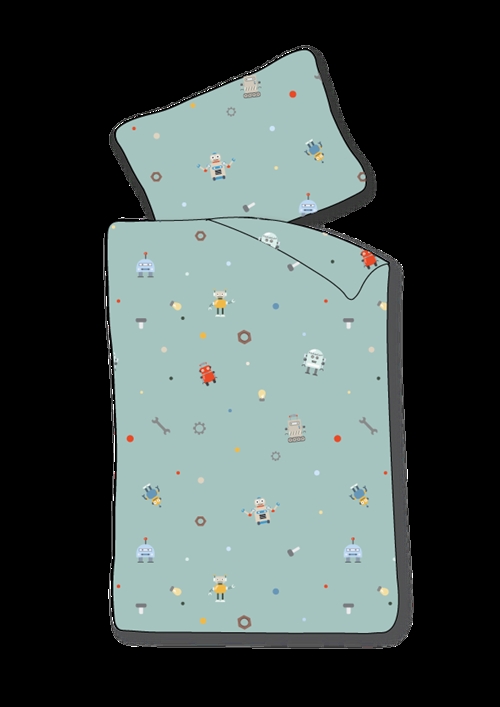 Junior beddengoed 100x140 cm - Blauw dekbedovertrek met kleine robots - 100% zacht katoenen beddengoed