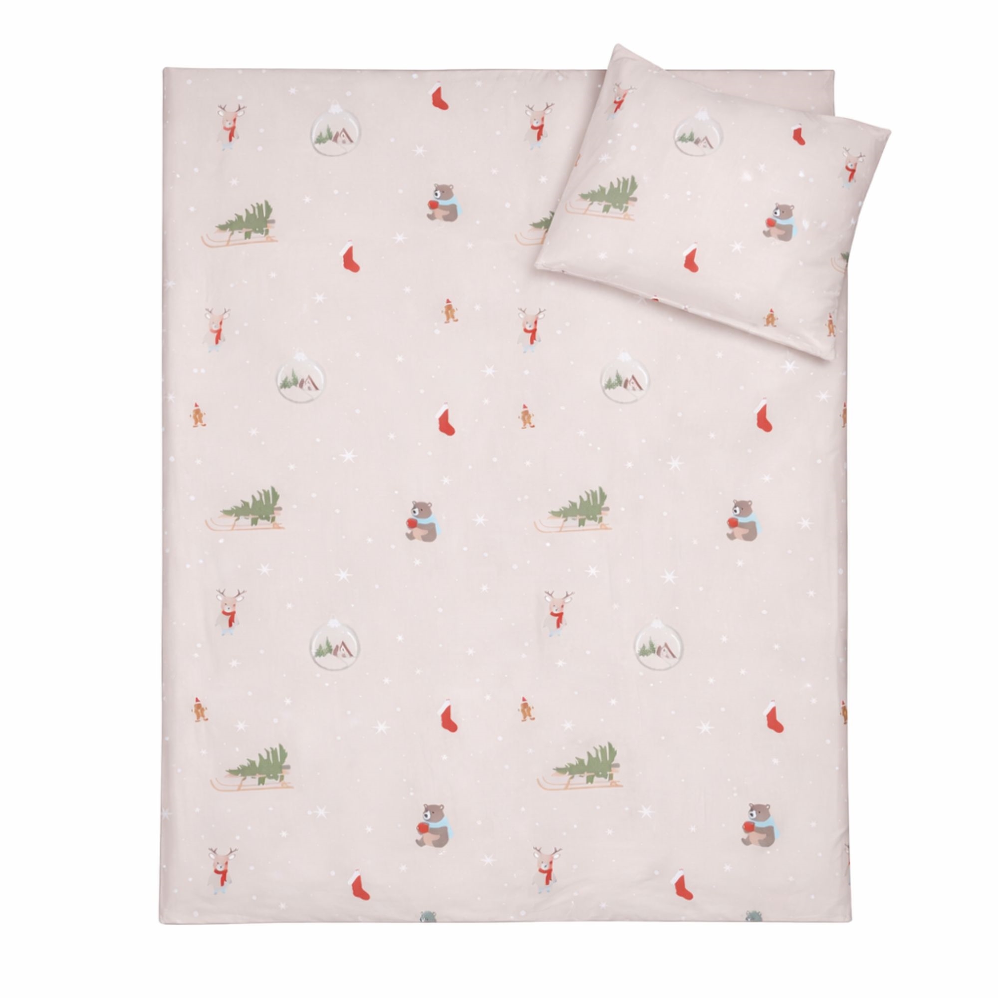 Kerstbeddengoed - 100% katoen - babybeddengoed 70x100 cm - beige met kersticonen