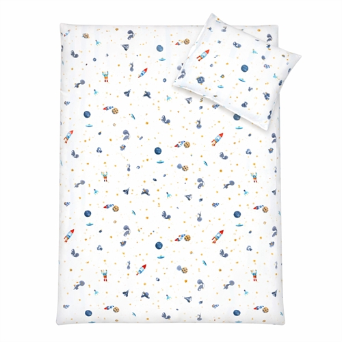 Dinosaurussen en ruimteraketten beddengoed - 100% katoen - Junior beddengoed 100x140 cm - Wit gestreept met dinosaurussen en ruimteraketten