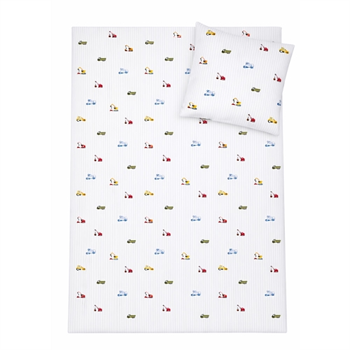 Gestreept bouwmachines beddengoed - 100% katoen - Babybeddengoed 70x100 cm - Wit met blauwe strepen en bouwmachines